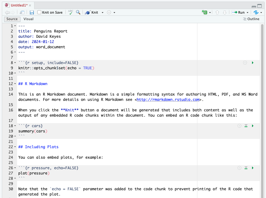 The placeholder content in a new R Markdown document
