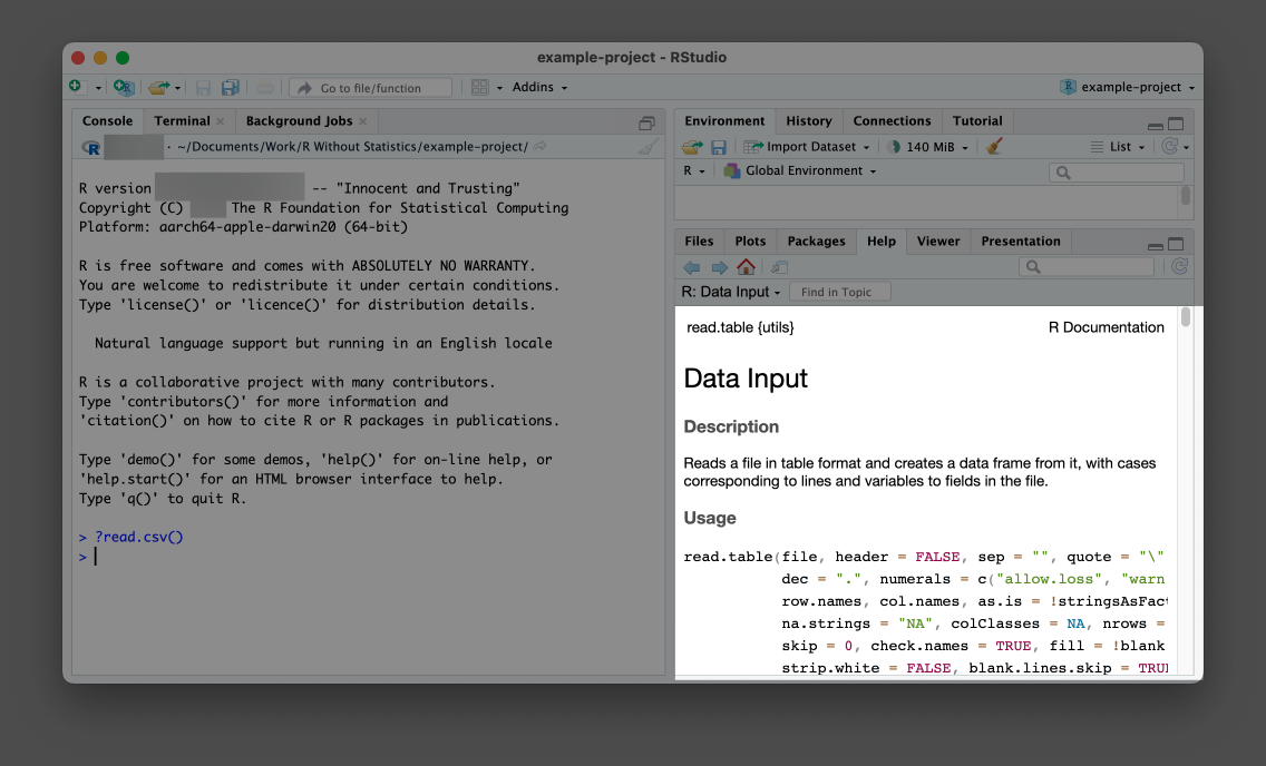 The documentation for the `read.csv()` function