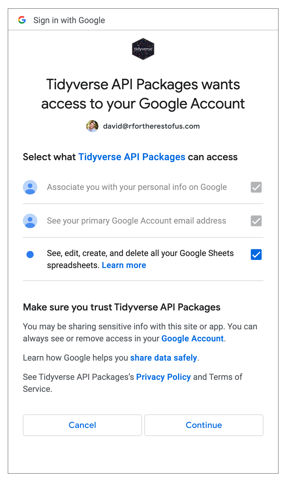 The screen asking for authorization to access your Google Sheets data